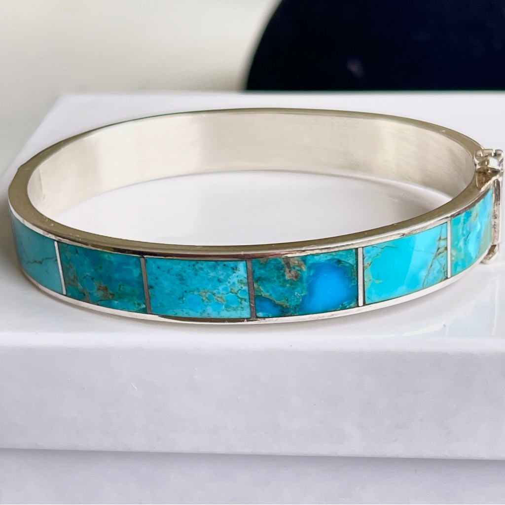 Vintage Dtr Jay King Mine Finds Turquoise Inlaid Sterling Silver Hinged Bracelet